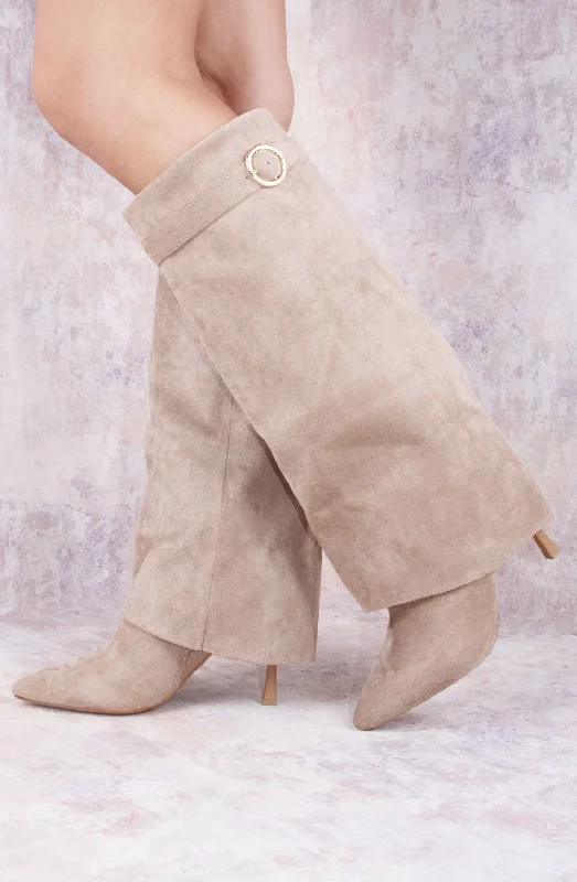 Women's long boots with a patent - leather and suede mix Taupe Stiletto Faux Suede Fold Over Shark Classic Buckle Knee High Boot Women's long boots with a patent - leather and suede mix Taupe Stiletto Faux Suede Fold Over Shark Classic Buckle Knee High Boot