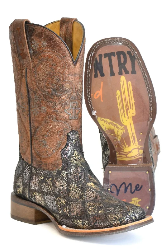 women's cowboy boots for dancing Tin Haul Womens Paisley Python Multi-Color Leather Cowboy Boots