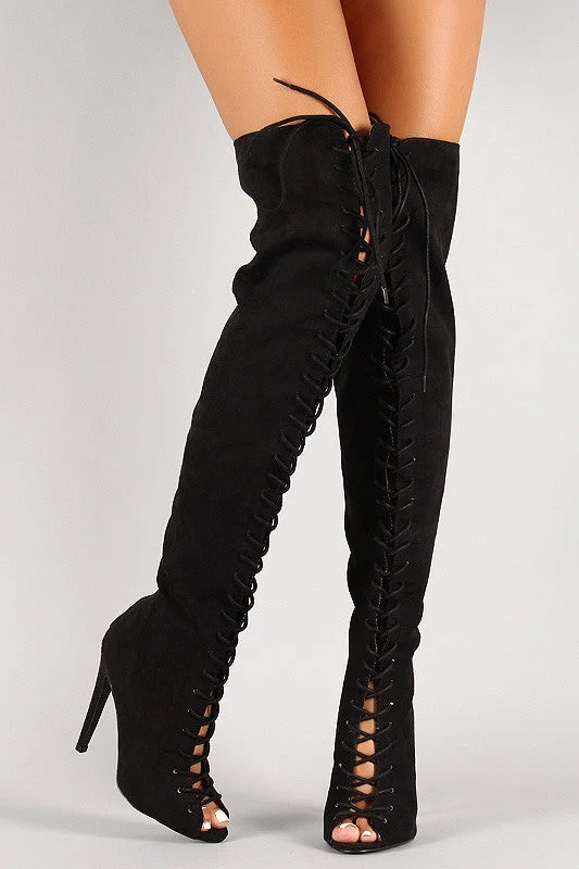 Waterproof leather knee high boots for winter Qupid Lace Up Peep Toe Over-The-Knee Boot Waterproof leather knee high boots for winter Qupid Lace Up Peep Toe Over-The-Knee Boot
