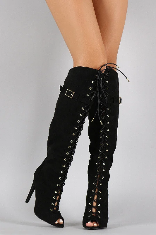 Knee high boots with padded insoles Qupid Faux Suede Lace Up Peep Toe Stiletto Thigh High Boot Knee high boots with padded insoles Qupid Faux Suede Lace Up Peep Toe Stiletto Thigh High Boot