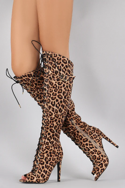 Square toe knee high boots for a contemporary style Qupid Faux Leopard Lace Up Peep Toe Stiletto Thigh High Boot Square toe knee high boots for a contemporary style Qupid Faux Leopard Lace Up Peep Toe Stiletto Thigh High Boot