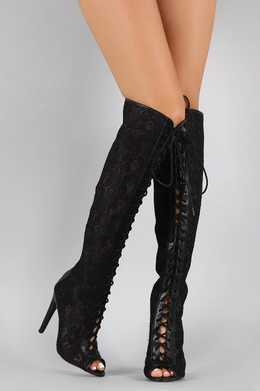Knee high boots with chain accents Qupid Floral Lace Stiletto Thigh High Lace Up Boot Knee high boots with chain accents Qupid Floral Lace Stiletto Thigh High Lace Up Boot