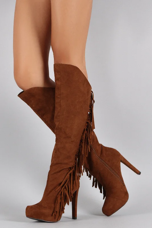 Metallic knee high boots for a glamorous touch Qupid Suede Asymmetrical Fringe Pointy Toe Heeled Knee High Boot Metallic knee high boots for a glamorous touch Qupid Suede Asymmetrical Fringe Pointy Toe Heeled Knee High Boot
