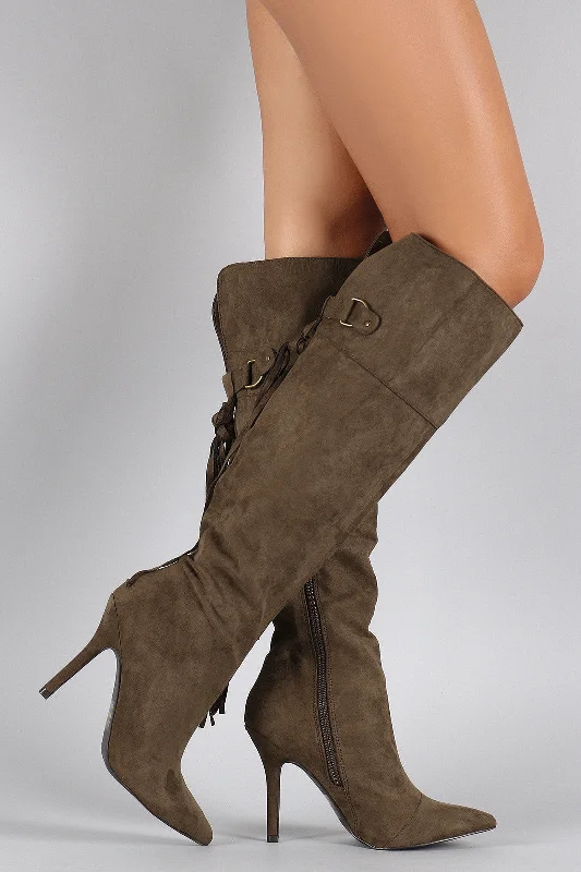Stretch fabric knee high boots for a snug fit Qupid Suede Tassel Fringe Pointy Toe Stiletto Heeled Knee High Boot Stretch fabric knee high boots for a snug fit Qupid Suede Tassel Fringe Pointy Toe Stiletto Heeled Knee High Boot