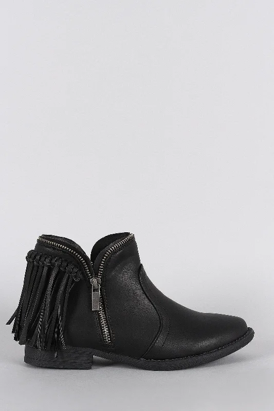 women's booties for knee support Dollhouse Fringe Zipper Trim Western Flat Booties