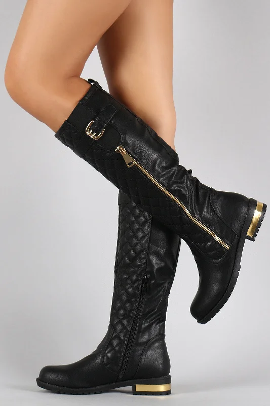 Patent leather knee high boots for a shiny finish Quilted Zipper Trim Buckle Riding Knee High Boot Patent leather knee high boots for a shiny finish Quilted Zipper Trim Buckle Riding Knee High Boot