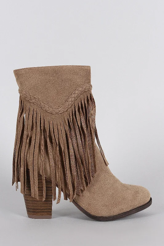 women's booties for fall Breckelle Suede Braided Fringe Heeled Ankle Boots