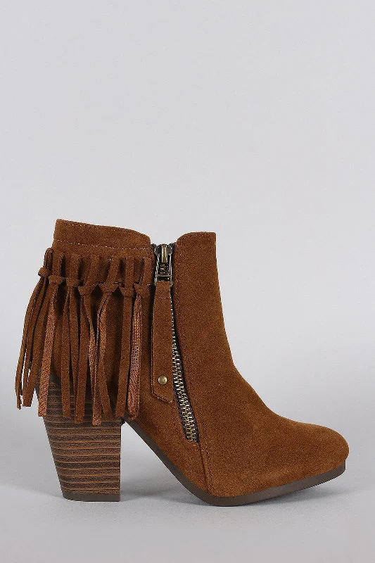women's booties with floral design Breckelle Suede Fringe Cowgirl Chunky Heeled Ankle Boots