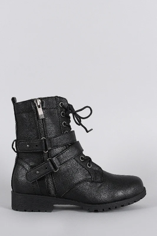 women's booties with chukka style Distressed Zipper Combat Lace Up Ankle Boots