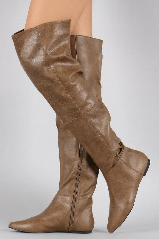 Chunky heel knee high boots for a bold look Qupid Patched Pointy Toe Over-The-Knee Flat Boots Chunky heel knee high boots for a bold look Qupid Patched Pointy Toe Over-The-Knee Flat Boots