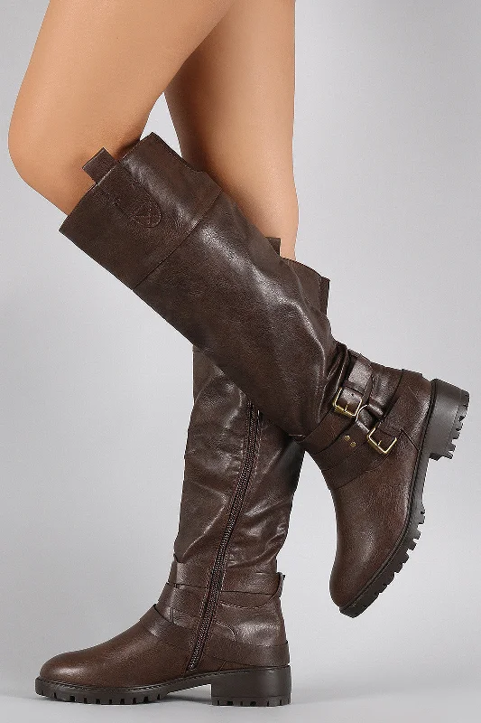 Knee high boots with scalloped edges​ Qupid Buckle Lug Sole Riding Knee High Boots
