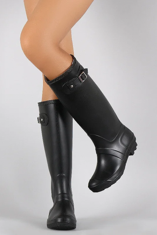 Knee high boots with adjustable straps​ Rubber Buckle Round Toe Knee High Rain Boots