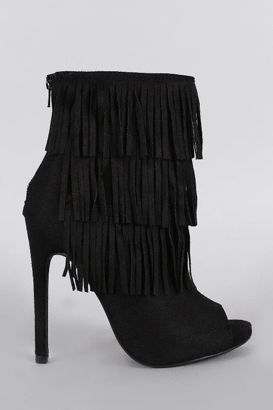 women's booties for office Delicious Suede Triple Layered Fringe Peep Toe Stiletto Booties