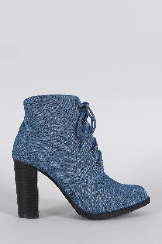 women's booties for fashion Denim Almond Toe Lace Up Heeled Combat Ankle Boots