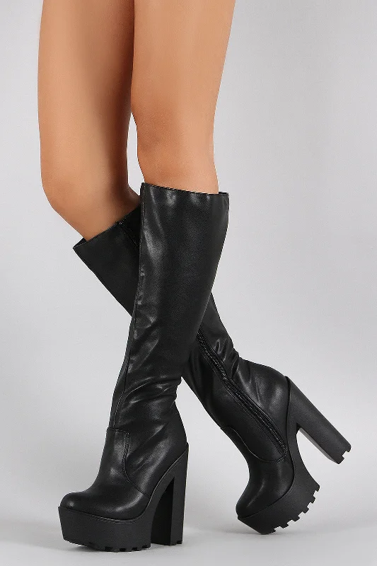 Knee high boots with a croc - embossed texture Speed Limit 98 Chunky Lug Sole Platform Heeled Boots Knee high boots with a croc - embossed texture Speed Limit 98 Chunky Lug Sole Platform Heeled Boots