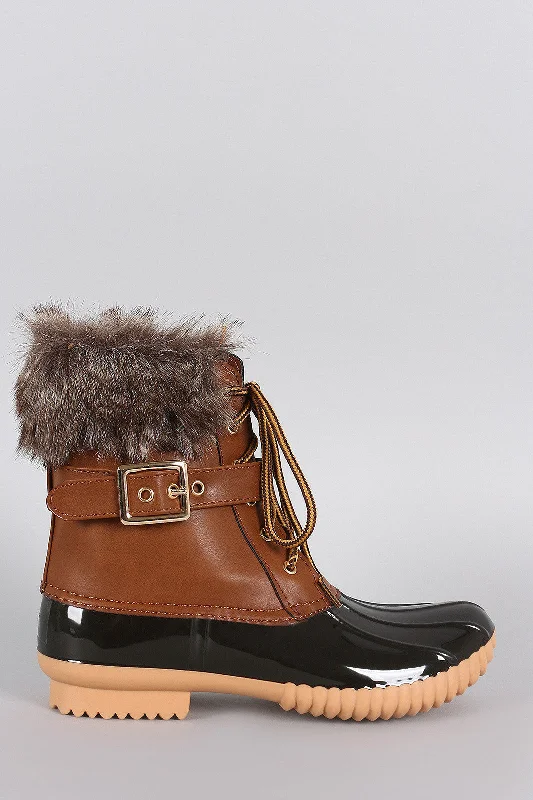 women's booties with floral design Buckled Faux Fur Cuff Lace Up Duck Ankle Boots
