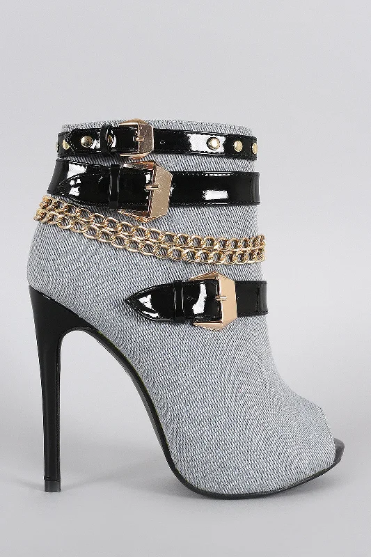 women's booties with tassel detail Denim Studded Buckled Peep Toe Stiletto Booties