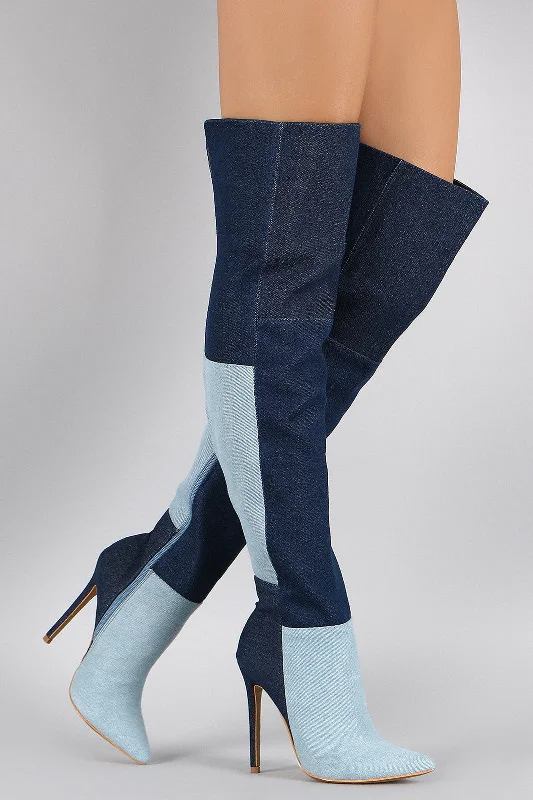 Knee high boots with a block heel​ Shoe Republic LA Denim Colorblock Patchwork Stiletto Boots