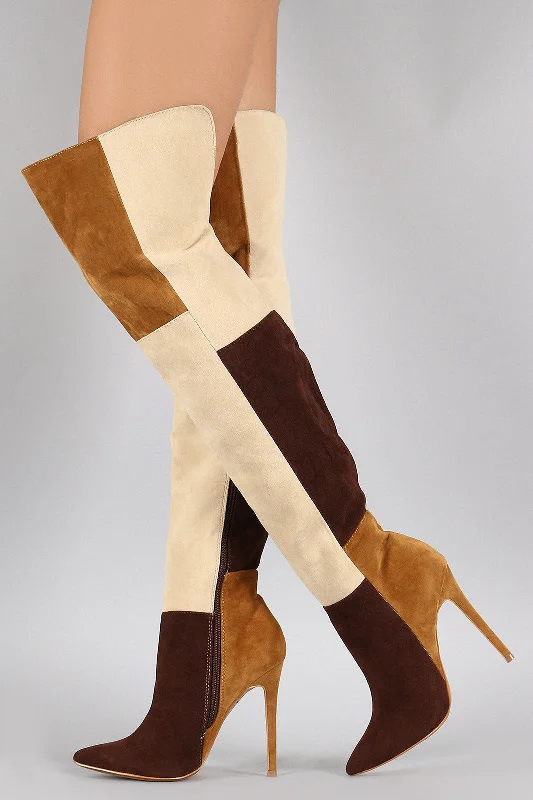 Stretch fabric knee high boots for a snug fit Shoe Republic LA Suede Colorblock Patchwork Stiletto Boots Stretch fabric knee high boots for a snug fit Shoe Republic LA Suede Colorblock Patchwork Stiletto Boots