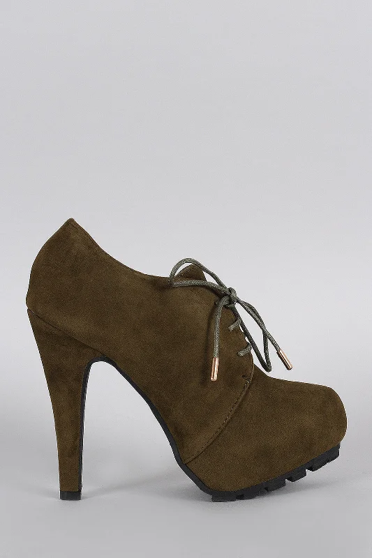 women's booties for office Dollhouse Almond Toe Lace Up Oxford Hidden Platform Heeled Booties