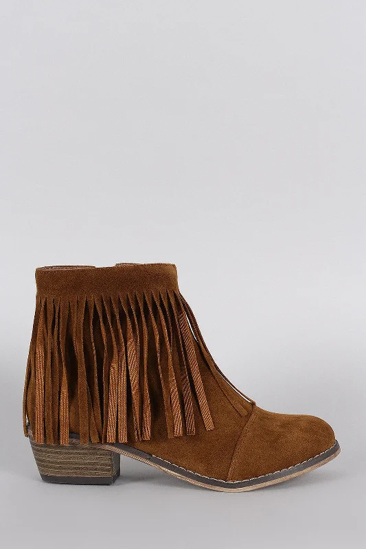 women's ankle booties Breckelle Suede Fringe Round Toe Cowgirl Ankle Boots