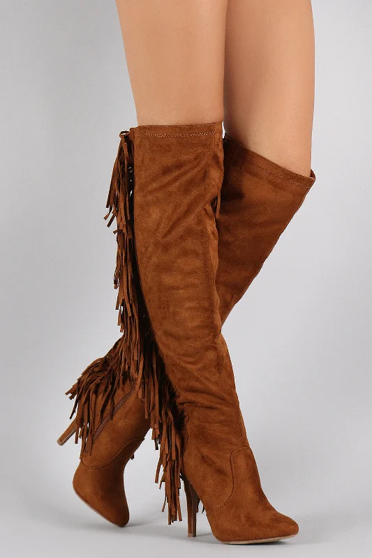 Snake print knee high boots for a trendy look​ Rear Fringe Over-the-Knee Stiletto Boots