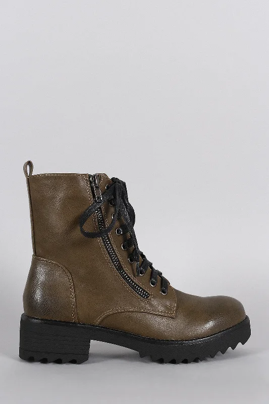 women's booties with over-the-knee look Combat Lace Up Round Toe Lug Sole Ankle Boots