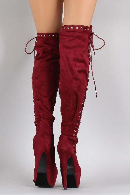 Over the knee high boots with side zipper Suede Corset Lace Up Metal Eyelet Chunky Hidden Platform Stiletto Boots Over the knee high boots with side zipper Suede Corset Lace Up Metal Eyelet Chunky Hidden Platform Stiletto Boots