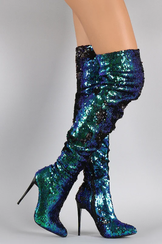 Corduroy knee high boots for a rustic look​ Sequin Pointy Toe Stiletto Over-The-Knee Boots