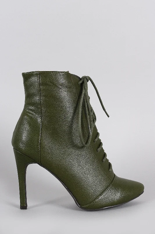 women's booties for urban style Breckelle Pointy Toe Lace Up Heeled Ankle Boots