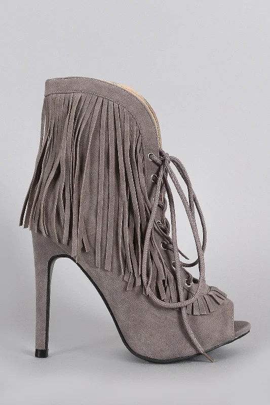 women's booties with zippers Curved Corset Fringe Peep Toe Booties