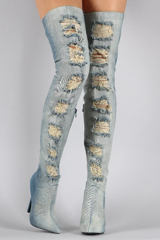 Knee high boots with faux snake skin texture Privileged Distressed Denim Stiletto Over-The-Knee Boots Knee high boots with faux snake skin texture Privileged Distressed Denim Stiletto Over-The-Knee Boots