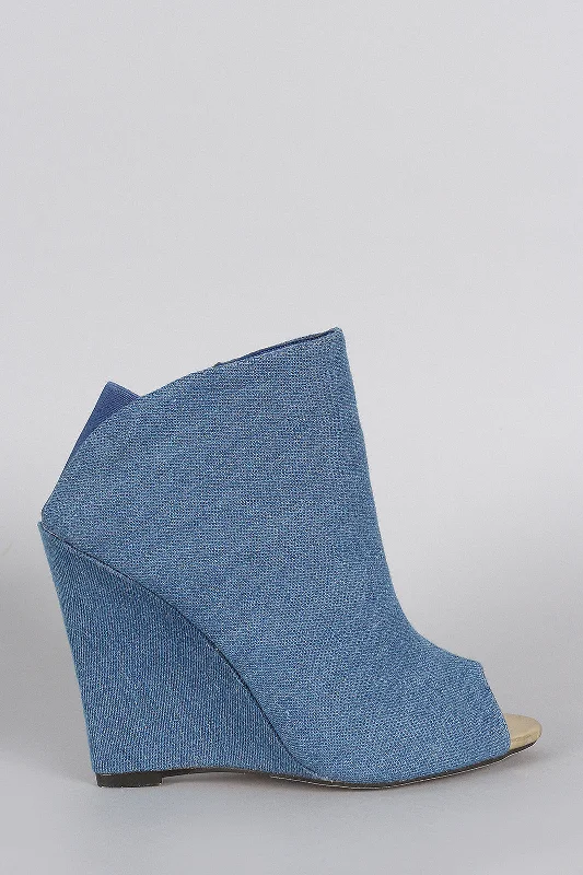 women's booties with combat style Denim Back Elastic Gore Peep Toe Wedge Booties