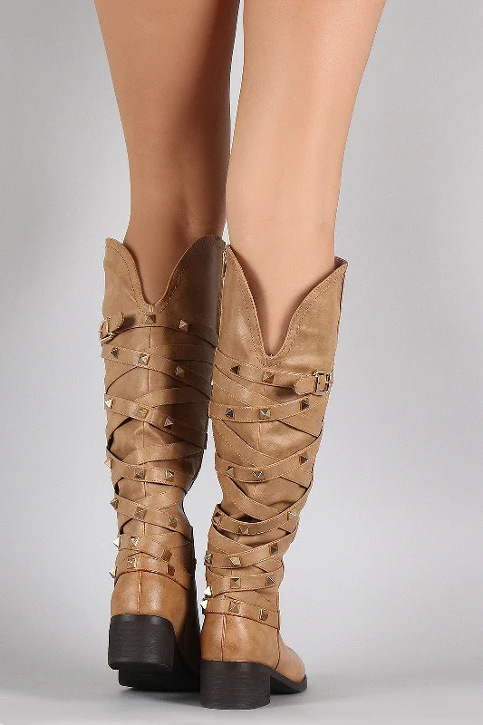 Knee high boots with a croc - embossed texture Pyramid Studded Crisscross Straps Knee High Boots Knee high boots with a croc - embossed texture Pyramid Studded Crisscross Straps Knee High Boots