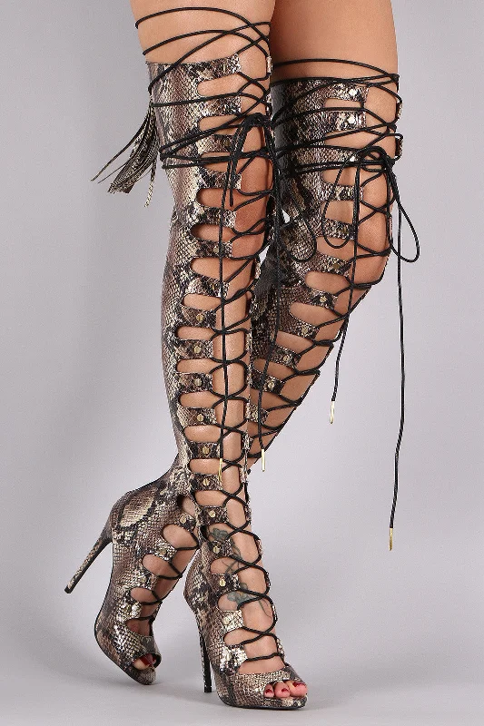 Ankle - high shaft knee high boots for a modern twist Python Corset Nail Studs Lace Up Stiletto Over-The-Knee Boots Ankle - high shaft knee high boots for a modern twist Python Corset Nail Studs Lace Up Stiletto Over-The-Knee Boots