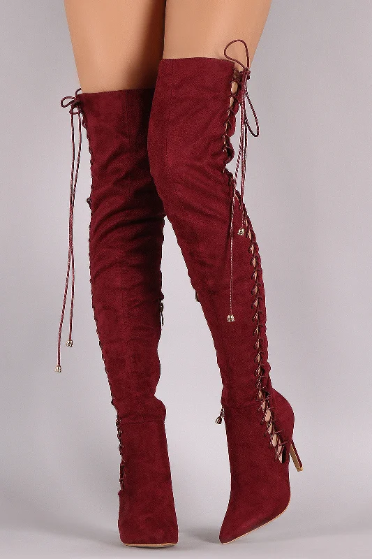 Knee high boots with chain accents Suede Corset Lace Up Pointy Toe Stiletto Over-The-Knee Boots Knee high boots with chain accents Suede Corset Lace Up Pointy Toe Stiletto Over-The-Knee Boots