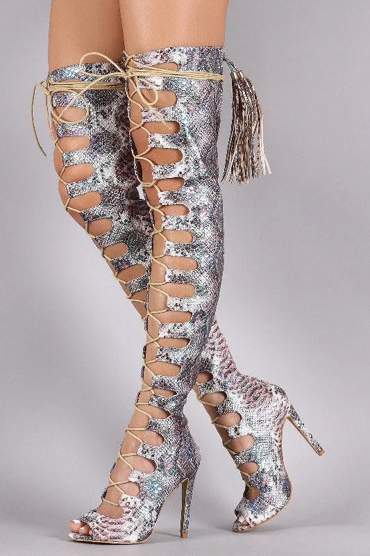 Knee high boots with padded insoles Snake Peep Toe Tassel Over-The-Knee Lace-Up Boots Knee high boots with padded insoles Snake Peep Toe Tassel Over-The-Knee Lace-Up Boots