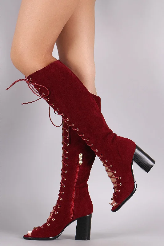 Patent leather knee high boots for a shiny finish Suede Corset Lace-Up Chunky Heeled Boots Patent leather knee high boots for a shiny finish Suede Corset Lace-Up Chunky Heeled Boots