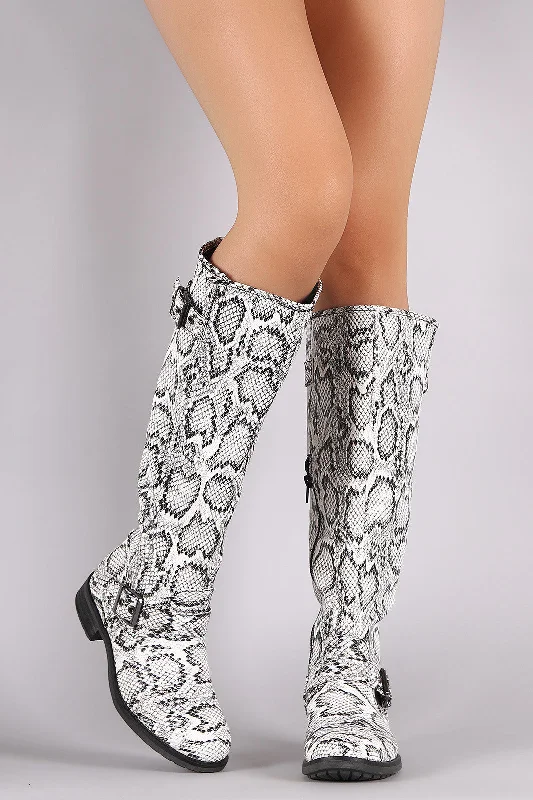 Knee high boots with detachable fur collars​ Python Buckled Riding Knee High Boots