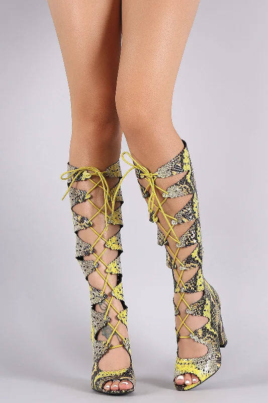 Knee high boots with memory foam insoles​ Python Perforated Scalloped Lace-Up Boots