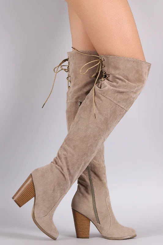 Knee high boots with memory foam insoles Suede Back Lace-Up Chunky Heeled Over-The-Knee Boots Knee high boots with memory foam insoles Suede Back Lace-Up Chunky Heeled Over-The-Knee Boots
