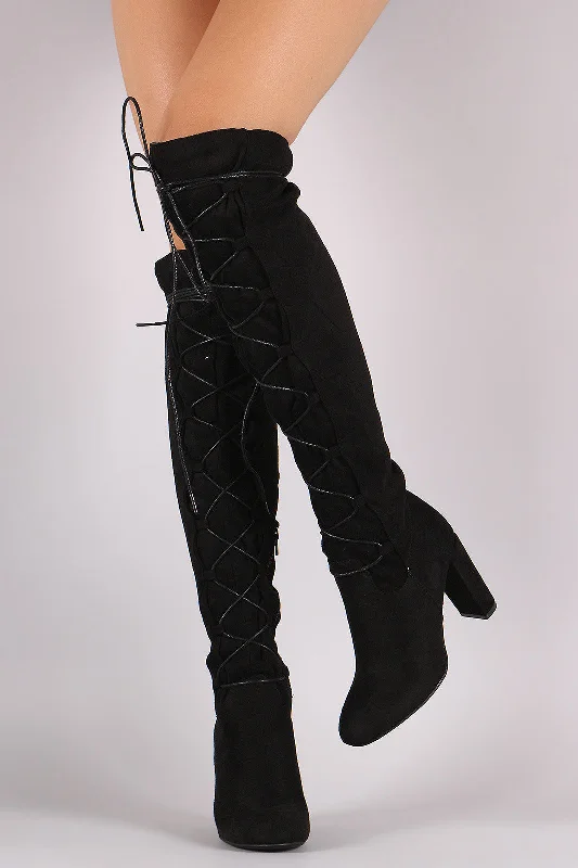 Chunky heel knee high boots for a bold look Qupid Suede Lace-Up Chunky Heeled Boots Chunky heel knee high boots for a bold look Qupid Suede Lace-Up Chunky Heeled Boots