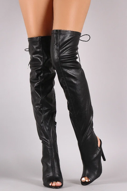 Platform knee high boots for added height Qupid Leather Peep Toe Over the Knee Boots Platform knee high boots for added height Qupid Leather Peep Toe Over the Knee Boots