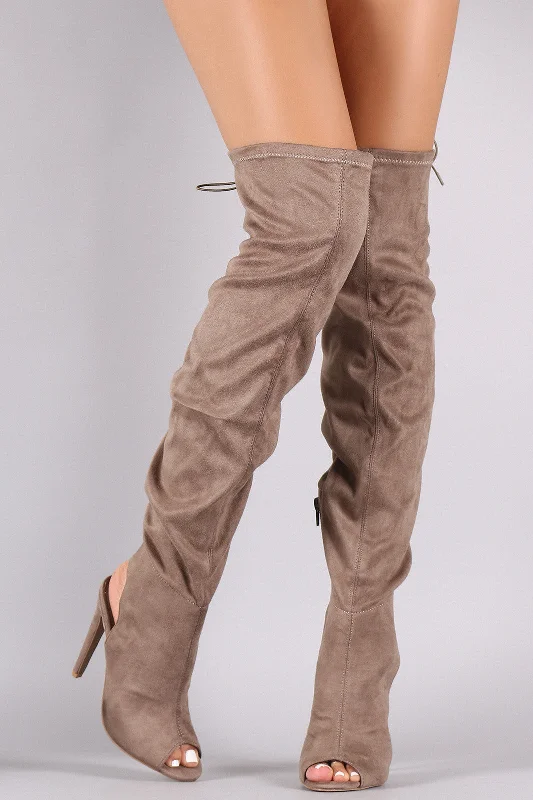 Platform knee high boots for added height​ Qupid Suede Peep Toe Over the Knee Boots
