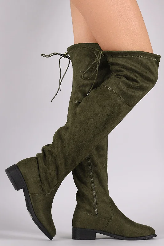 Velvet knee high boots for a luxurious feel​ Round Toe Drawstring Tie Riding Suede Over-The-Knee Boots