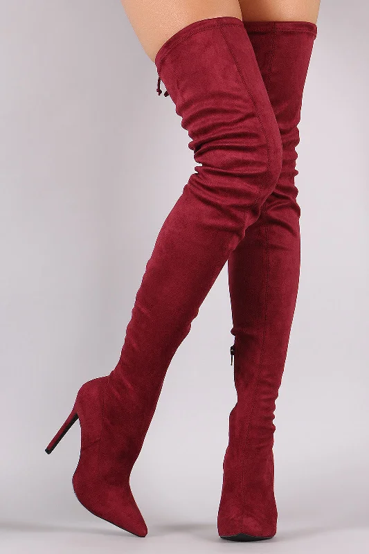 Velvet knee high boots for a luxurious feel Pointy Toe Drawstring Tie Stiletto Suede Over-The-Knee Boots Velvet knee high boots for a luxurious feel Pointy Toe Drawstring Tie Stiletto Suede Over-The-Knee Boots