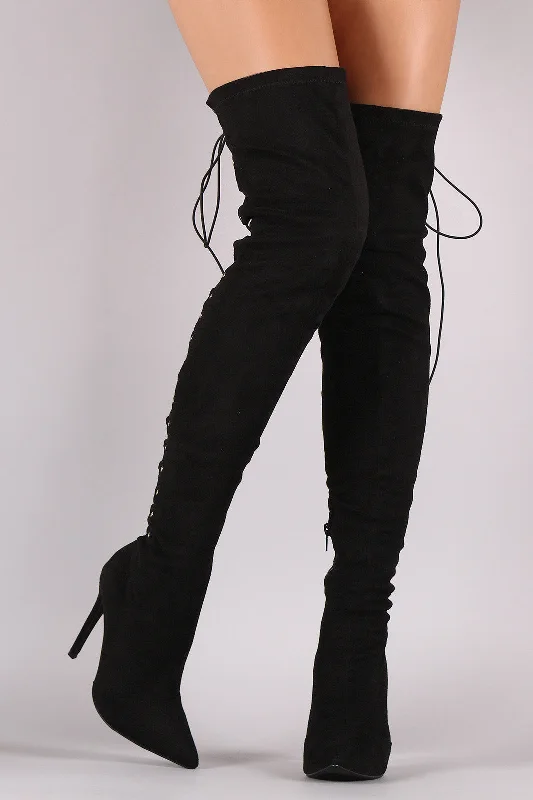 Knee high boots with adjustable straps​ Suede Back Studded Lace Up Pointy Toe Boots