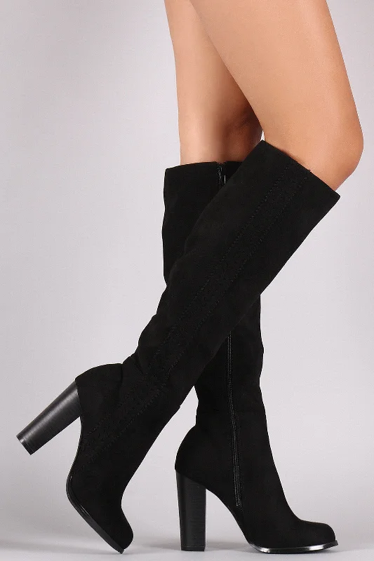 Square toe knee high boots for a contemporary style Suede Perforated Trim Chunky Heeled Knee High Boots Square toe knee high boots for a contemporary style Suede Perforated Trim Chunky Heeled Knee High Boots