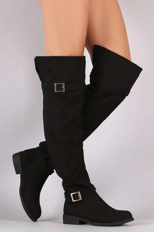 Knee high boots with studded embellishments​ Bamboo Suede Buckled OTK Riding Boots