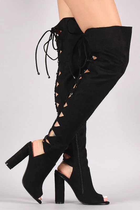 Platform knee high boots for added height Suede Back Lace Up Chunky Heeled Over-The-Knee Boots Platform knee high boots for added height Suede Back Lace Up Chunky Heeled Over-The-Knee Boots